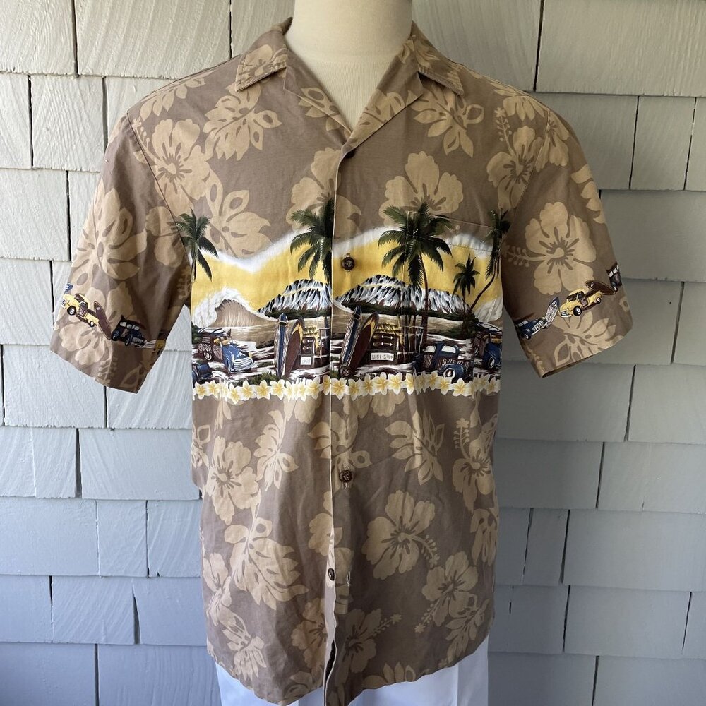 RJC Ltd. Hawaiian Beige Floral & Beach Print Short Sleeve Aloha Shirt Size L